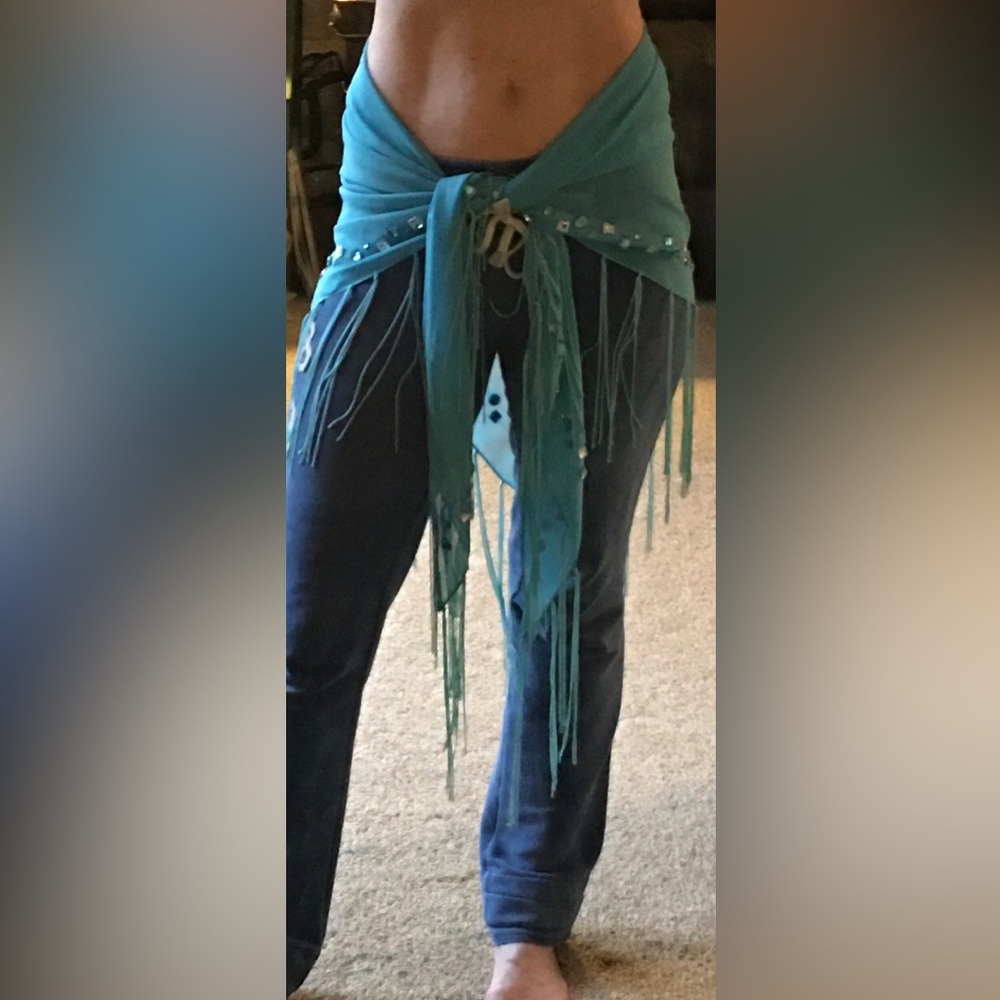 Light Blue Fringe Hip Scarf /Sarong With white pearls - Picture 9 of 10